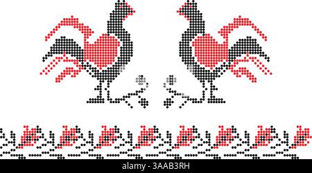 Vogel und Blumen Rot und Schwarz Pixel Ornament aus der südlichen Ukraine Stickerei traditionelle Muster Stock Vektor