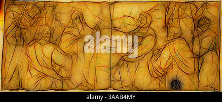 A dynamic composition featuring abstract figures with flowing lines and vibrant colors, intermingled in an artistic dance. The forms suggest movement and energy, creating an expressive atmosphere that draws the viewer into a whirlwind of shapes and textures., Classic art with a modern twist reimagined by Artotop, Based on Franciscan Saints in Adoration, n.d., Unknown Artist, Italian, late 16th century, Italy, Pen and brown ink with brush and pale brown wash, over traces of black chalk, on tan laid paper, laid down on cream wove card, 87 x 209 mm (max.) Stockfoto