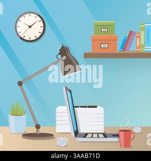 Konzept des kreativen Büroarbeitsplatzes. Elemente und Elemente des Business-Workflows Stock Vektor