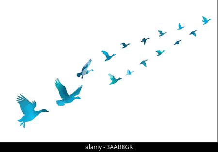 Eine Herde blauer Enten, die fliegen. Handzeichnung. Nicht AI. Vektorabbildung Stock Vektor