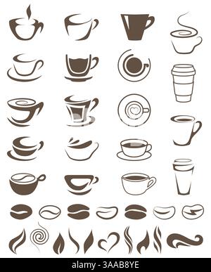 Vorlage für Kaffeetassen, Bohnen und Dampfformen für Logos. Logo für Kaffee und Tee. Satz von Vector Coffee Elements und Zubehör Stock Vektor