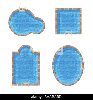 Set von Schwimmbädern in verschiedenen Formen mit klarem, transparentem blauem Wasser. Draufsicht. Illustration des flachen Vektors Stock Vektor