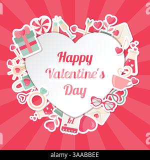 Valentinstag-Banner mit flachen Symbolen und herzförmigem Rahmen. Love Concept Symbole. Vektorabbildung Stock Vektor