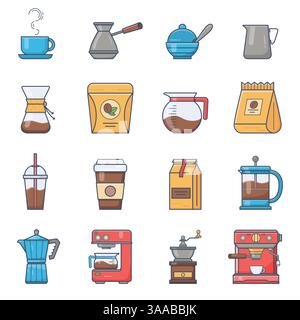 Lineare farbige flache Kaffeesymbole. Satz von Vector Coffee Elements und Zubehör Stock Vektor