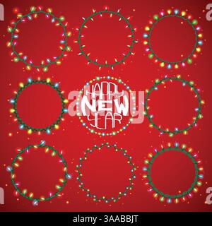 Set mit 9 runden Lichtern in Farbe. Glühende weihnachtslichter auf rotem Hintergrund. Vektornahtlose runde Objekte. Enthält 10 Vektorbürsten festlich Stock Vektor