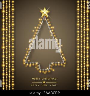 Weihnachtsbaum aus Weihnachtslichtern. Glühende Weihnachtslichter auf dunklem Hintergrund. Realistische leuchtende Girlande. Enthält Vektorbürsten festliche Stran Stock Vektor