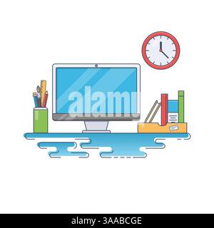 Dünnes Design-Banner von Creative Workspace. Arbeitsplatz mit Computer, Uhr, Büchern und Bleistiften. Flache moderne Vektorillustration Stock Vektor
