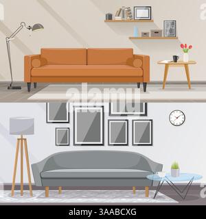 Stilvolles Innendesign. Sofa, Tisch, Bücherregal, Lampe, Bilder. Elemente des Vektorkonzepts für Inneneinrichtung und Wohnzimmermöbel Stock Vektor