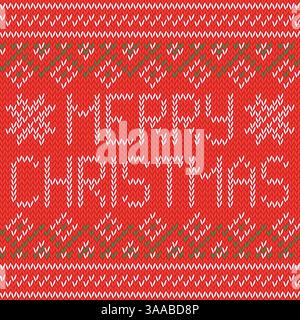 Weihnachtsgrußkarte mit Strickmuster in Rot, Grün und Weiß. vektornordischer Hintergrund mit Text, Schneeflocken und Ornamenten Stock Vektor