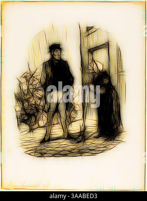 Ein Mann steht auf einem Kopfsteinpflasterweg, in formeller Kleidung gekleidet, und sieht eine Frau in einem dunklen Mantel an, die sich an eine nahe gelegene Wand lehnt. Die Szene weckt ein Gefühl von Intrige und Interaktion, umgeben von schwachen Baumkonturen im Hintergrund. Klassische Kunst mit modernem Touch, neu gestaltet von Artotop, basierend auf: Wie fühlen Sie sich heute, Mr. Chapolard?, Madame Pochet, eine Concierge, die sich zu verhalten weiß, sollte ihren Vermieter nur in der dritten Person ansprechen. Wie kann ich mit Ihnen in der dritten Person sprechen, da Sie die erste Person sind, die ich heute Morgen sehe, Platte 11 von Croquis Parisiens, 1852, Hono Stockfoto