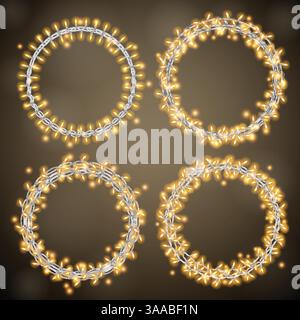 Lichterset mit Girlande. Leuchtende runde weihnachtslichter auf dunklem Hintergrund. Realistische leuchtende Girlande. Enthält Vektorbürsten festliche Stränge von Chris Stock Vektor