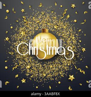 Weihnachtshintergrund mit glänzenden Goldbändern, Sternen und Kugeln im goldenen runden Rahmen auf schwarzem Hintergrund. Frohe Weihnachtskarte Vektor-Illustration. Stock Vektor