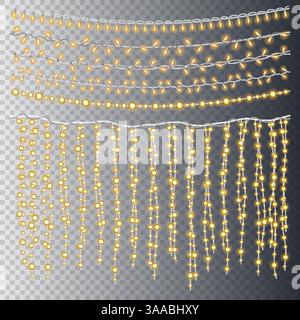 Satz von vertikalen und horizontalen Girlanden-Lichtern. Leuchtende weihnachtslichter auf transparentem Hintergrund. Realistische leuchtende Girlande. Enthält Vektorbürsten Stock Vektor