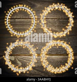 Lichterset mit Girlande. Leuchtende runde weihnachtslichter auf hölzernem Hintergrund. Realistische leuchtende Girlande. Enthält Vektorbürsten festliche Stränge von Chr Stock Vektor