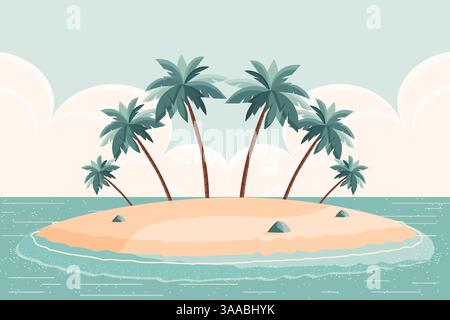Landschaftsillustration kleine Insel im Ozean mit Palmen Vektor Illustration. Stock Vektor
