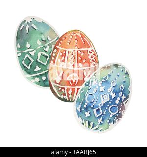 Osterkomposition von gemalten Eiern mit stilisiertem, geometrischem Dekorationsmuster. Die Illustration ist mit Aquarellen in den Farben Grün, Blau und Orange bemalt Stockfoto