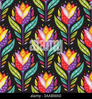 Bold florale geometrische nahtlose Vektormuster, stilisierte blühende Tulpenpflanze. Vektorabbildung Stock Vektor