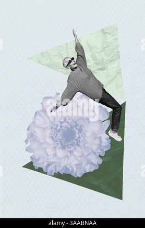 Kreative 3D-Foto-Collage Trend-Artwork-Vorlage der alten Frau Stil Sonnenbrille Urlaub botanische Blume Frühling riesige Größe Blume Stockfoto