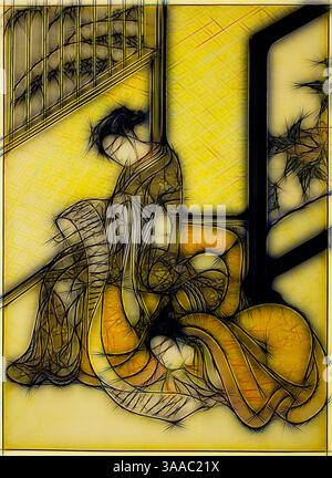 Zwei elegant gekleidete Frauen sitzen in einer ruhigen Innenumgebung, umgeben von zarten Mustern und gedämpften Highlights. Eine Frau scheint eine Schriftrolle zu lesen, während die andere sich in der Nähe entspannt, in farbenfrohen Stoffen gehüllt. Die Atmosphäre weckt ein Gefühl von Ruhe und Intimität, die einen Moment ruhiger Verbindung widerspiegelt., Klassische Kunst mit einem modernen Twist neu interpretiert von Artotop, basierend auf einem Paar, das einen Brief liest, um 1770, Suzuki Harunobu 鈴木 春信, Japanisch, 1725 (?)-1770, Japan, Farbholzdruck, Chuban, 3/4 x 8 Zoll Stockfoto