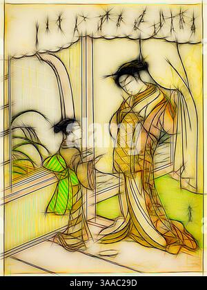 Zwei elegant gekleidete Figuren, wahrscheinlich aus einer historischen Umgebung, interagieren in einer ruhigen Umgebung. Eine Figur, die mit üppigen, gemusterten Kleidungsstücken verziert ist, scheint sich mit einem jüngeren Begleiter zu unterhalten, der in lebendige Farben gewickelt ist. Der Hintergrund erinnert an einen Garten, der die ruhige Atmosphäre der Szene verstärkt., Klassische Kunst mit einem modernen Twist neu interpretiert von Artotop, basierend auf Gedicht von Nakatsukasa, aus einer unbenannten Serie von 36 unsterblichen Dichtern, ca. 1767/68, Suzuki Harunobu 鈴木 春信, Japanisch, 1725 (?)-1770, Japan, Farbholzdruck, Chuban, 7/8 x 8 Zoll Stockfoto