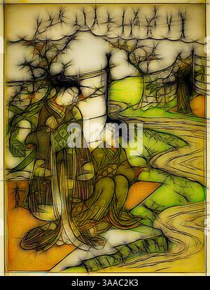 Zwei elegant gekleidete Figuren treffen sich neben einem ruhigen Bach, umgeben von stilisierten Bäumen und fließenden Landschaften, die ein Gefühl von Harmonie und Besinnung hervorrufen. Die Szene fängt die Essenz traditioneller Schönheit ein, mit komplizierten Mustern und fließenden Linien, die das reiche kulturelle Erzählen bereichern., Klassische Kunst mit modernem Twist neu interpretiert von Artotop, basierend auf dem dritten Monat (Yayoi), aus der Serie populäre Versionen von Unsterblichen Poets in Four Seasons (Fuzoku shiki kasen), ca. 1768, Suzuki Harunobu 鈴木 春信, Japanisch, (?)-1770, Japan, Farbholzblock-Druck, Japan, Japan, 1725 (?), Japan Chuban, 28,8 x 21,6 cm (11 3/8 x 8 Stockfoto