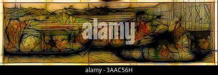 Eine abstrakte Darstellung mit dynamischen Linien und Formen, die an eine Landschaft erinnern, mit einer Mischung aus organischen Formen und komplizierten Mustern, die ein Gefühl von Bewegung und Komplexität hervorrufen., Klassische Kunst mit einem modernen Twist neu interpretiert von Artotop, basierend auf Vergnügungsbooten auf dem Sumida-Fluss, um 1792, Chobunsai Eishi, Japanisch, 1756–1827, Japan, Farbholzdrucke, oban Pentaptychon, 14 1/2 x 50 1/2 cm, Karl II., König von England, n.d., Cornelis Visscher, the Elder, Netherlands, ca. 1520-1586, Niederlande, Gravur auf Papier, 414 x 337 mm (Bild/Platte), 518 x 370 mm (Blatt), Charles Lewis Coun Stockfoto