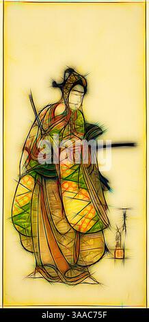 Eine traditionelle Figur in einem kunstvollen Kimono steht bereit und hält ein Schwert, mit komplizierten Mustern, die sich um ihre Kleidung drehen. Im Vordergrund sorgt eine zarte Laterne für einen Hauch von Wärme. Die Gesamtkomposition strahlt einen Hauch von Eleganz und kulturellem Reichtum aus., Klassische Kunst mit modernem Twist neu interpretiert von Artotop, basierend auf dem Schauspieler Sanogawa Ichimatsu II im Kostüm eines modischen jungen Mannes (Wakashu), um 1769, Ippitsusai Buncho, Japanisch, aktiv um 1755-90, Japan, farbiger Holzschnitt, Hosoban, 31,1 x 14,6 cm (12 1/4 x 5 3/4 Zoll) Stockfoto