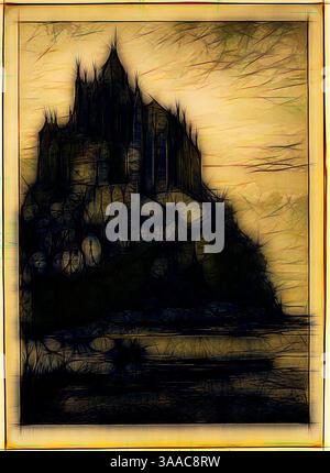 Ein geheimnisvolles und kompliziertes Schloss befindet sich auf einer zerklüfteten Klippe, umgeben von einem traumhaften Dunst. Seine zerklüfteten Türme durchdringen den Himmel, während wirbelnde Formen und Texturen ein Gefühl ätherischer Schönheit schaffen, das Neugier und Staunen einlädt., Klassische Kunst mit modernem Touch neu interpretiert von Artotop, basierend auf Mont Saint-Michel, 1882, Axel Herman Haig, Schwedisch, 1835-1921, Schweden, in Schwarz auf Papier Stockfoto