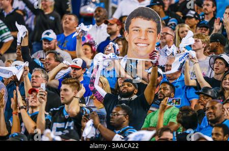 25. Oktober 2015 Charlotte, NC. Die Fans der Carolina Panther feiern am 25. Oktober 2015 im Bank of America Stadium in Charlotte, North Carolina, einen Touchdown in einem Spiel der NFL gegen die Philadelphia Eagles. Die Panthers besiegten die Eagles mit 26:16. ..Margaret Bowles/CSM(Bild: © Margaret Bowles/CSM via ZUMA Wire) Stockfoto