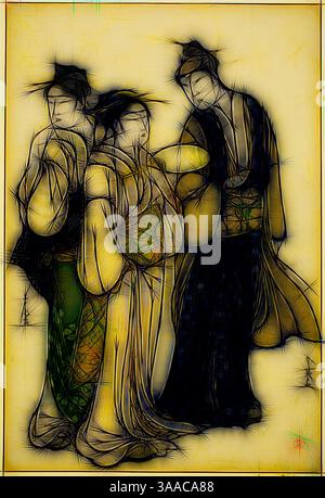 Drei elegant gekleidete Figuren in traditioneller Kleidung unterhalten sich, ihre fließenden Kleidungsstücke sind mit komplizierten Mustern verziert. Die Szene erweckt ein Gefühl von Anmut und kulturellem Erbe, indem sie Bewegung mit Kunstfertigkeit verbindet., Klassische Kunst mit einem modernen Twist, neu interpretiert von Artotop, basierend auf dem Schauspieler Iwai Hanshiro IV in Street Tratire (von Shun’ei), im Gespräch mit zwei Frauen (von Shuncho), um 1788, Katsukawa Shun’ei, Japanisch, 1762-1819, Katsukawa Shuncho, Japanisch, aktiv ca. 1780-1801, Japan, Farbholzdruck, Aiban, 32,3 x 21,7 cm (12 11/16 x 8 9/16 Zoll) Stockfoto