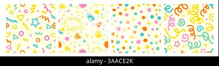 Set aus niedlichen, nahtlosen Mustern aus mehrfarbigen, geschwungenen karierten Linien und Konfetti, Polka Dots, Streifenmuster auf hellem Hintergrund, handgezeichnet Stock Vektor