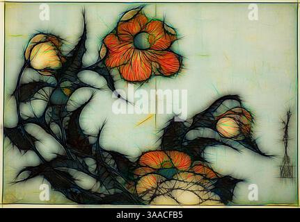 Eine lebendige florale Komposition mit auffälligen, stilisierten Blumen mit komplizierten, wirbelnden Umrissen und kontrastierenden Farben vor einem weichen, gedämpften Hintergrund. Das Design fängt das Wesen der Natur durch eine künstlerische Linse ein und kombiniert organische Formen mit einem Hauch abstraktem Flair., Klassische Kunst mit einem modernen Twist neu interpretiert von Artotop, basierend auf Mohnblumen, aus einer unbenannten Blumenserie, ca. 1832, Katsushika Hokusai 葛飾 北斎, Japanisch, 1760-1849, Japan, Farbholzdruck, oban, 25,4 x 36,5 cm (10 x 14 3/8 Zoll) Stockfoto