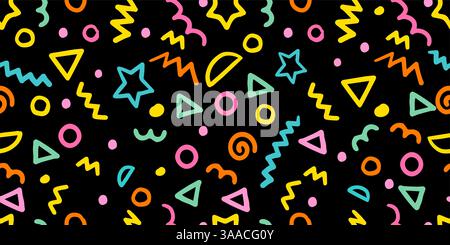 Lustiges einfaches farbenfrohes Muster auf schwarzem Hintergrund. Handzeichnung. Nicht AI, Vektorillustration. Stock Vektor