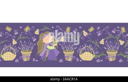 Lila-Lavendelrand mit Blumenmuster. Süßes Mädchen, das Lavendel pflückt. Nahtloses Muster mit Blumen und Blättern, für die Gestaltung von Postkarten, Einladungen, Stock Vektor