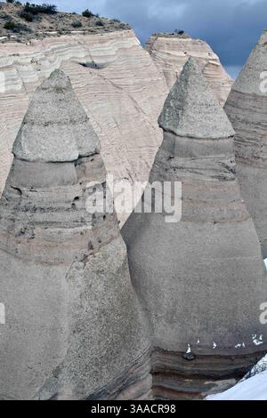 8. Februar 2010 - Cochiti, NM, Vereinigte Staaten von Amerika - Ein Zelt aus weichem Bimsstein unter härterem Kappengestein am 8. Februar 2010 in der Nähe von Cochiti, New Mexico. . Das Gebiet verdankt seine bemerkenswerte Geologie den Schichten vulkanischer Gesteine und Asche, die durch pyroklastische Strömungen einer vulkanischen Explosion innerhalb des Vulkanfeldes Jemez, die vor 6 bis 7 Millionen Jahren auftrat, abgelegt wurden. Im Laufe der Zeit haben Verwitterung und Erosion dieser Schichten Canyons und Zeltgesteine geschaffen. (Bild: © Robert Wick/Planet Pix via ZUMA Wire) Stockfoto