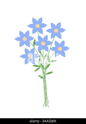 Fantasievolle blaue Blumen Blumenstrauß, einfache handgezeichnete Illustration, Frühlingsgartenpflanze mit Stängelblättern, Cartoon-Design-Element, Osterfeierlichkeiten Clipart für Karten, Banner, Frühlingsdekoration Stock Vektor