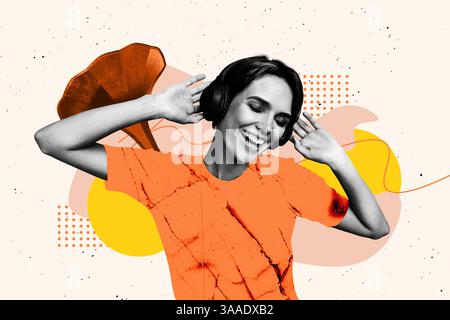 Poster Trend Skizze Vorlage 3D Foto Collage von jungen Dame Tanz Grammophon Vinyl Aufnahme Freizeit Nacht Anlass Unterhaltung Clubber Stockfoto