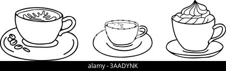 Set Aus Kaffeetassen. Cappuccino, Americano oder Espresso mit Schlagsahne. Gemütliche Schwarz-weiß-Sketch-Illustration im Doodle-Stil. Ideal für Getränke Stock Vektor