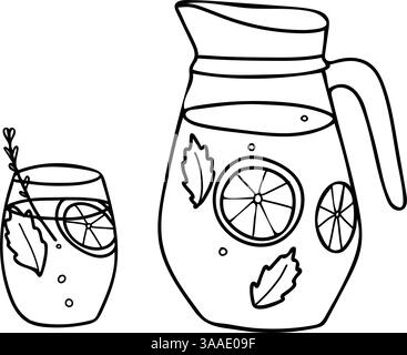 Set aus Limonadenkrug und Glas. Erfrischungsgetränk im Sommer mit Zitrone und Pfefferminze. Handgezeichnete Vektorillustration im Doodle-Stil isoliert auf einem Hintergrund Stock Vektor