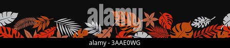 Horizontales, nahtloses Banner mit einer dynamischen Anordnung von stilisierten tropischen Palmblättern in verschiedenen Farben vor schwarzem Hintergrund. Stock Vektor