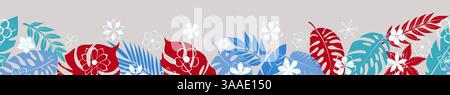 Horizontales nahtloses Banner kombiniert stilisierte farbige Palmblätter und weiße Blumen vor einem hellen Hintergrund. Stock Vektor