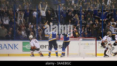 29. Oktober 2015 - St. Louis, MO, USA - der St. Louis Blues' Vladimir Tarasenko, Dritter von links, feiert nach Teamkollege Jori Lehtera, Zweiter von links, beim Tor Tarasenkos gegen Anaheim Ducks Frederik Andersen, rechts, in der zweiten Periode am Donnerstag, 29. Oktober 2015, im Scottrade Center in St. Louis. Die Blues siegten mit 2:1. (Bild: © Chris Lee/TNS via ZUMA Wire) Stockfoto