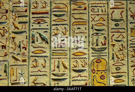 Detail der Hieroglyphensymbole an der Wand des Rameses IX. Grabes im Tal der Könige bei Luxor Ägypten Stockfoto