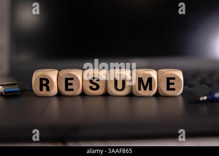 Auf Holzblock geschriebenes Resume-Wort. Stockfoto