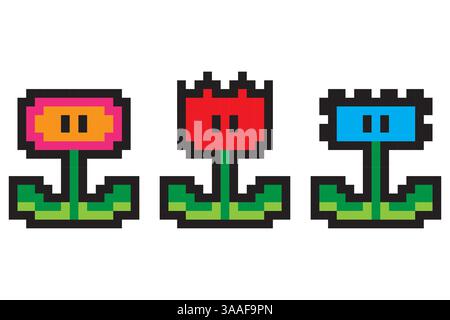 Pixel-Blumensymbole. Drei drei Blüten. Farbenfrohe Vektorgruppe. Retro-Gartenstil. Stock Vektor