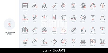 Lebensstil und Tagesplan der modernen Person, Alltagsaktivität der zeitgenössischen Menschen Linie Icon Set. Nachhaltigkeit, aktive Gewohnheiten dünne schwarze und rote Umrisssymbole Vektorillustration Stock Vektor