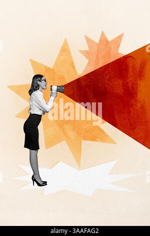 Composite Image Montage Trend Artwork Collage der jungen Frau Business formalwear Stil Stand halten Lautsprecher Aufmerksamkeit Lautsprecher Proklamation Stockfoto