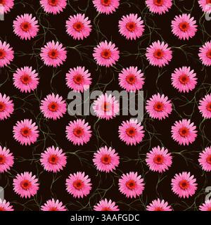 Ein lebendiges und auffälliges rosafarbenes Blumenmuster mit farbenfrohen Gerbera-Gänseblümchen, die elegant verstreut sind. Handgezeichnetes nahtloses Aquarellmuster. Stockfoto