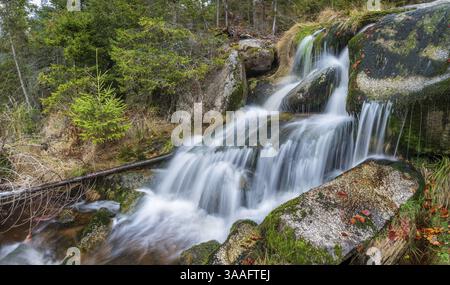 Kleiner Wasserfall bei Kreuzbach, kleiner Gebirgsbach fließt über moosbedeckte Steine, Bayerischer Wald, Niederbayern, Bayern, Deutschland, Europa Stockfoto