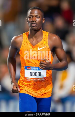 Melbourne, Australien. März 2025. Bayapo Ndori aus Botswana war vor dem 400-m-Rennen im Maurie-Werk 2025 für die World Athletics Continental Tour Gold zu sehen. 2025 Maurie Plant Invitational – World Athletics Continental Tour Gold. (Foto: Olivier Rachon/SOPA Images/SIPA USA) Credit: SIPA USA/Alamy Live News Stockfoto
